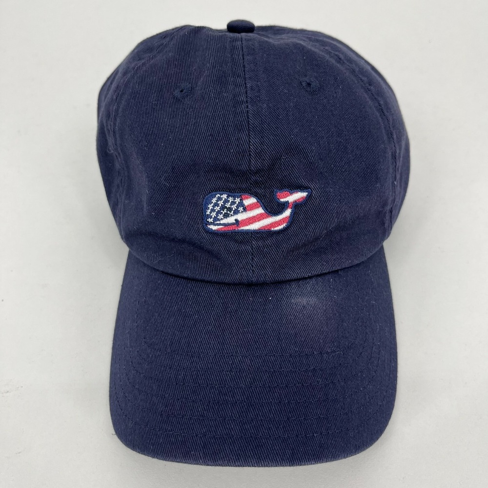 Vineyard Vines Mens Navy Blue American Flag Whale Logo Cotton Baseball Cap Hat